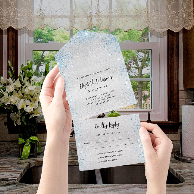 Silver blue birthday rsvp all in one invitation (Creator Uploaded)