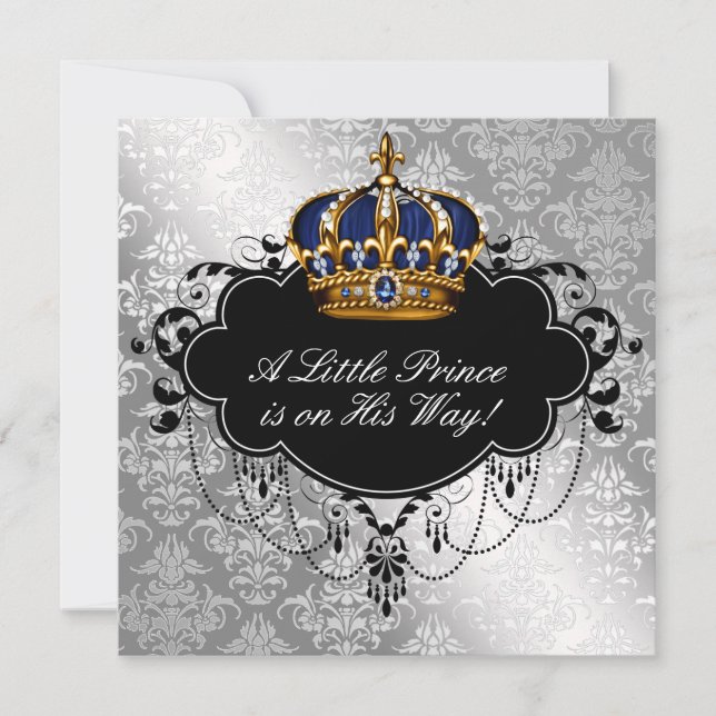 Silver Blue Black Prince Baby Boy Shower Invitation (Front)