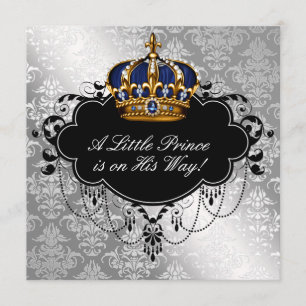 Silver Blue Black Prince Baby Boy Shower Invitation