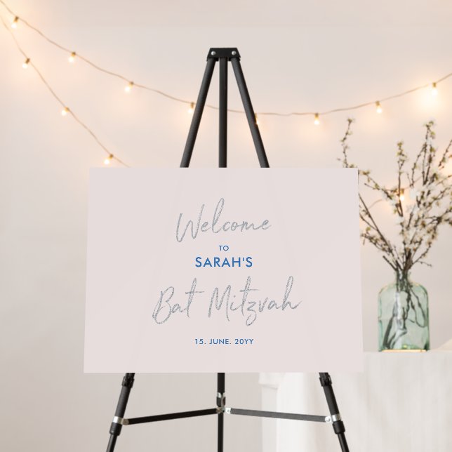 Silver, Blue & Blush Pink Bat Mitzvah Welcome Sign (In Situ (Stand))