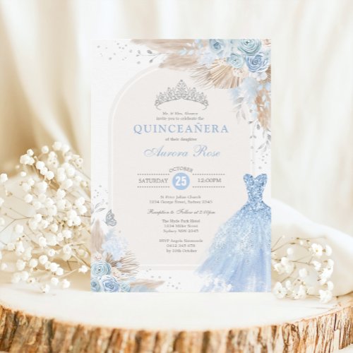Silver Blue Boho Floral Quinceaera 15th Birthday Invitation