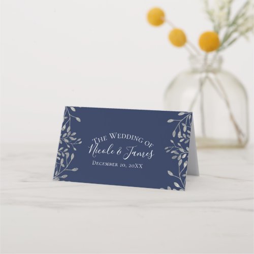 Silver  Blue Botanical Modern Wedding Table Seat Place Card