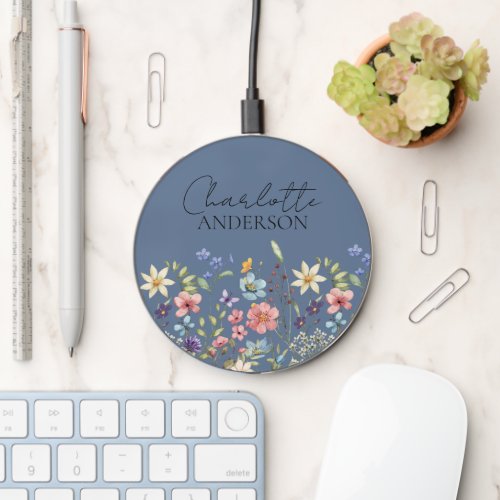Silver Blue Botanical Wildflower Monogram Name  Wireless Charger