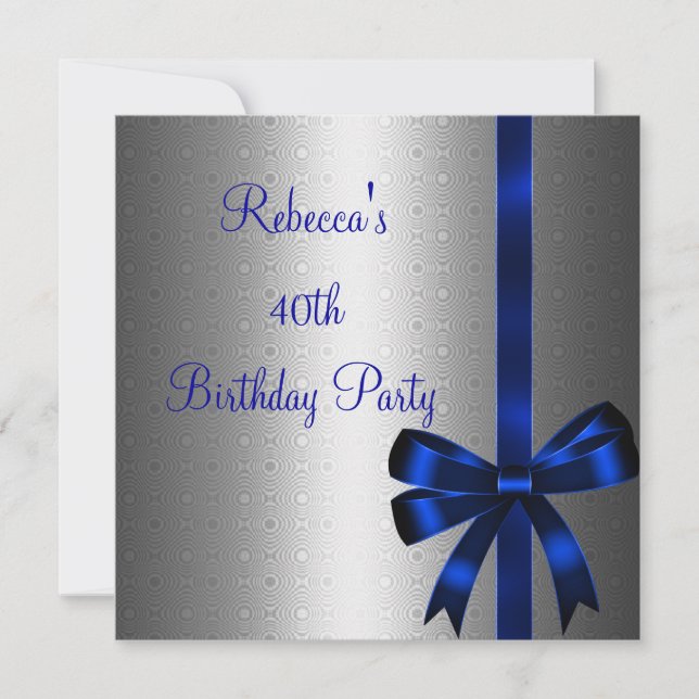 Silver Blue Bow 40th Elegant Birthday Party Invitation (Front)