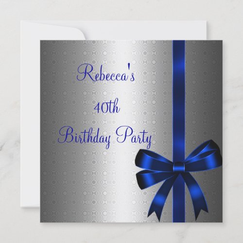 Silver Blue Bow 40th Elegant Birthday Party Personalized Invites