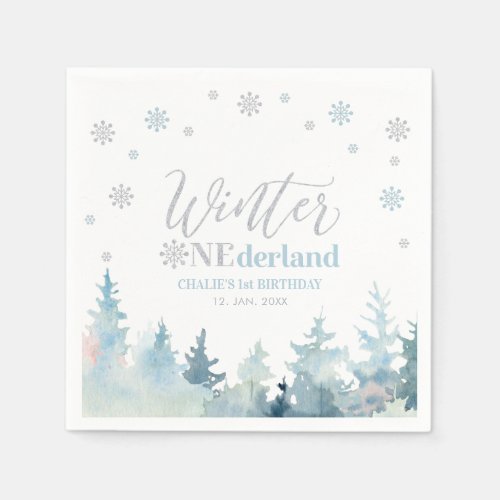 Silver  Blue Boy Winter Onederland 1st Birthday Napkins