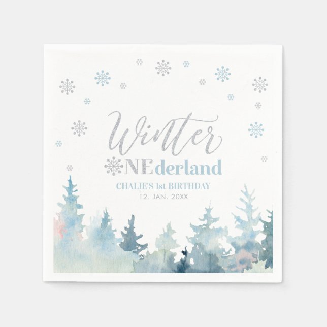 Silver & Blue Boy Winter Onederland 1st Birthday Napkins (Front)