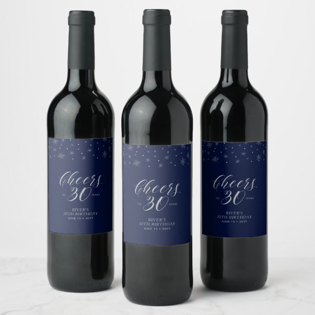 Silver & Blue Cheers 30 years, 30th Birthday Party Wine Label (Bottles)