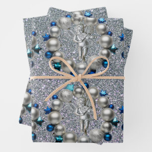 Silver Blue Christmas Wreath Cherub Wrapping Paper Sheets