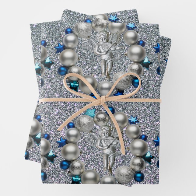 Silver Blue Christmas Wreath Cherub Wrapping Paper Sheets (In situ)