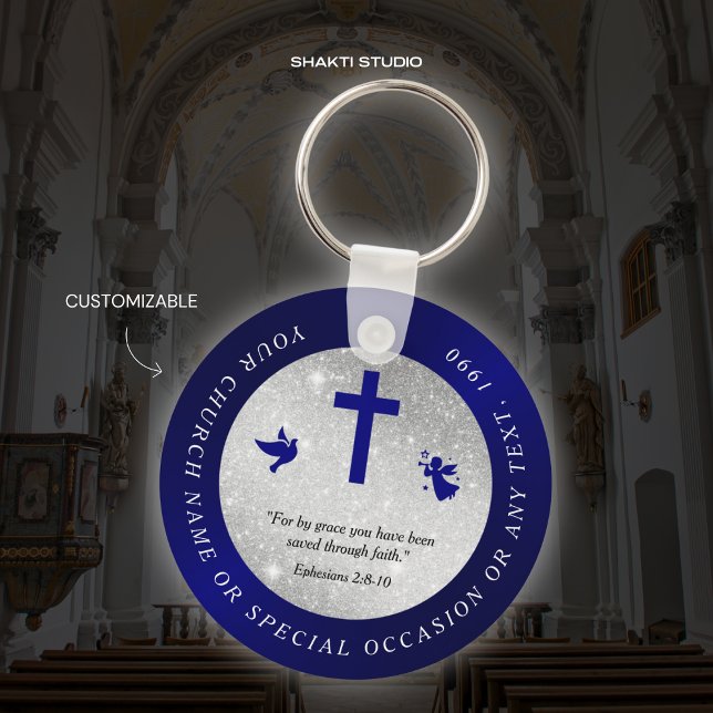 Silver Blue Church Christian Souvenir Keychain (Creator Uploaded)