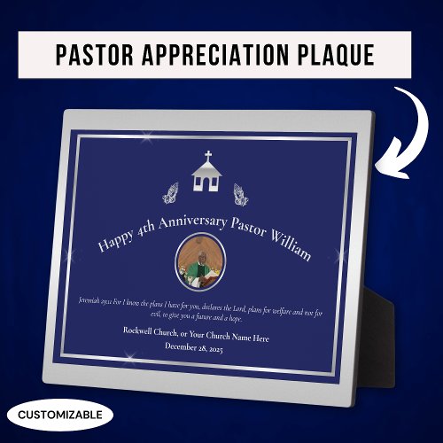 Silver Blue Church Pastor Anniversary Tabletop Plaque