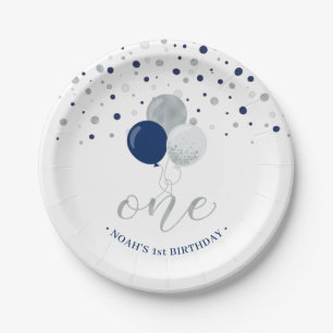 Silver & Blue Confetti Balloons 1st Birthday Party Paper Plates