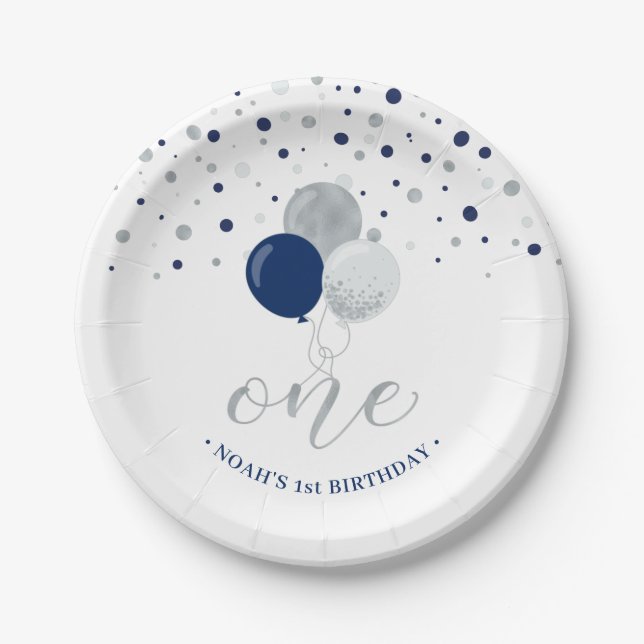 Silver & Blue Confetti Balloons 1st Birthday Party Paper Plates (Front)