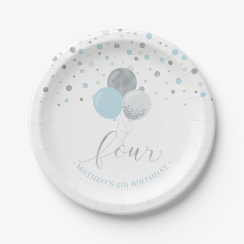 Silver  Blue Confetti Balloons 4th Birthday Party Paper Plates