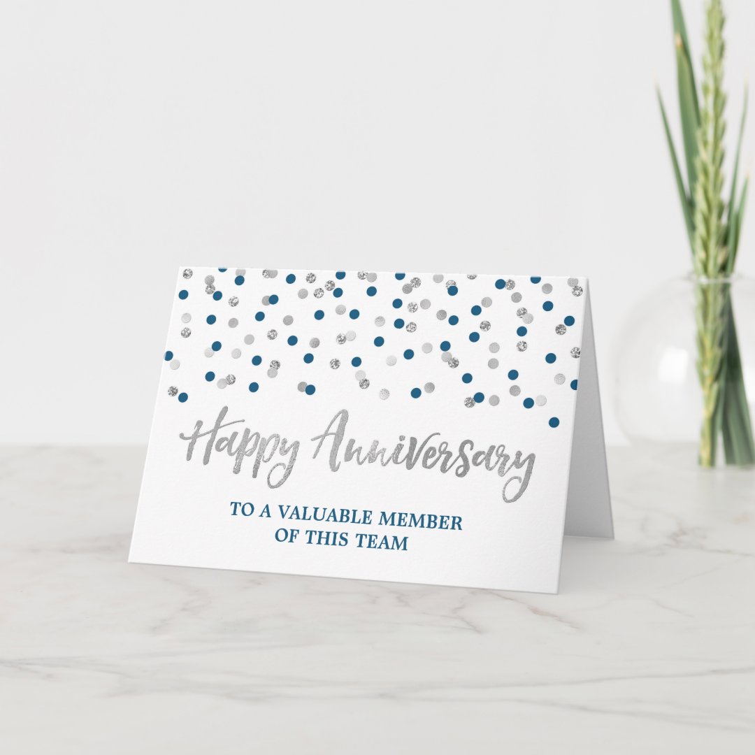 Silver Blue Confetti Employee Anniversary Card | Zazzle