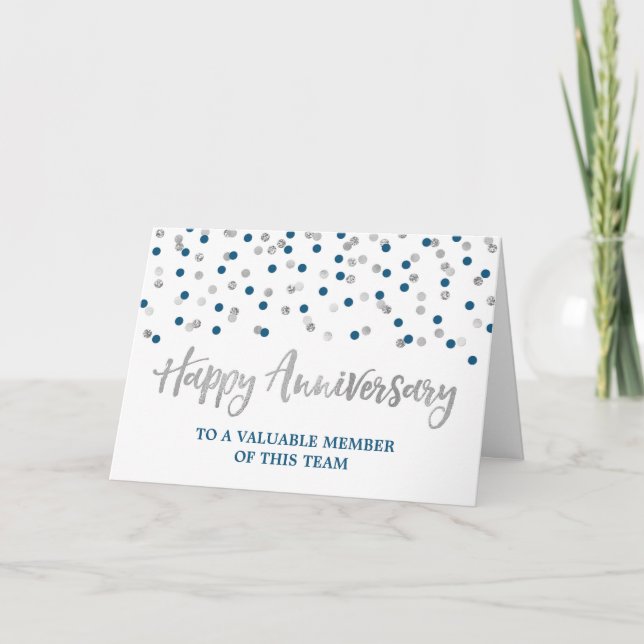 Silver Blue Confetti Employee Anniversary Card (Front)