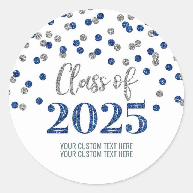 Silver Blue Confetti Graduation 2025 Classic Round Sticker (Front)