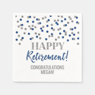 Silver Blue Confetti Happy Retirement Napkins
