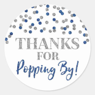 Silver Blue Confetti Thanks for Popping By Classic Round Sticker