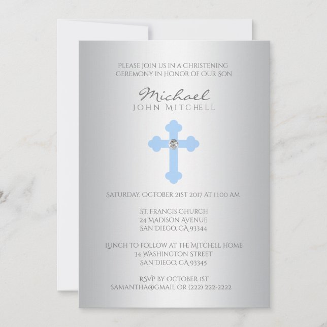 Silver Blue Cross Christening / Baptism Boy Invite (Front)