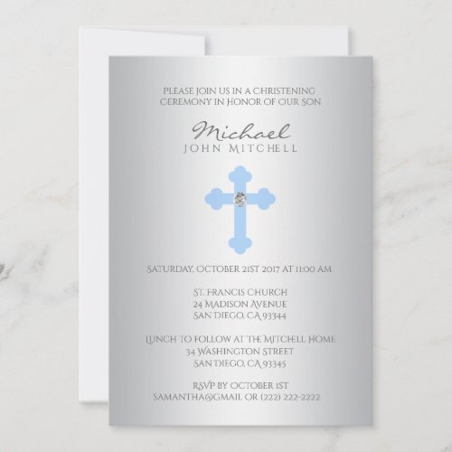 Silver Blue Cross Christening  Baptism Boy Invite