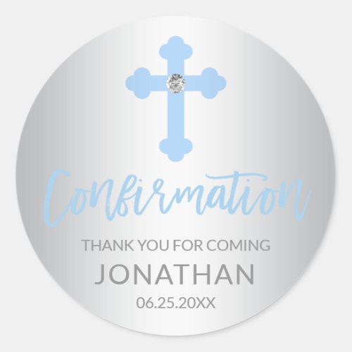 Silver Blue Cross CONFIRMATION Boy Thank You Classic Round Sticker