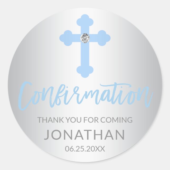Silver Blue Cross CONFIRMATION Boy Thank You Classic Round Sticker (Front)