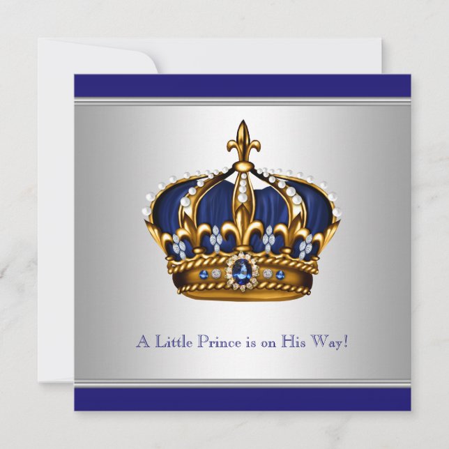 Silver Blue Crown Prince Baby Boy Shower Invitation (Front)
