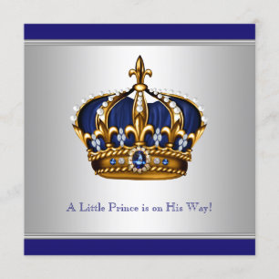 Silver Blue Crown Prince Baby Boy Shower Invitation