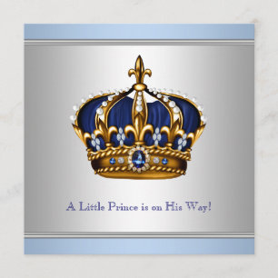 Silver Blue Crown Prince Baby Boy Shower Invitation