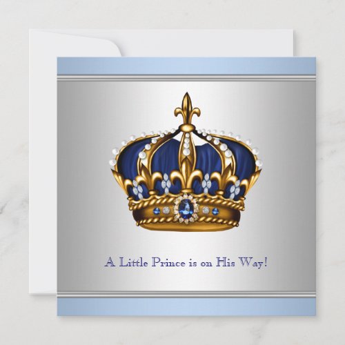 Silver Blue Crown Prince Baby Boy Shower Personalized Invite