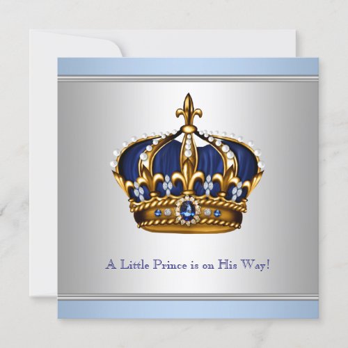 Silver Blue Crown Prince Baby Boy Shower Invitation