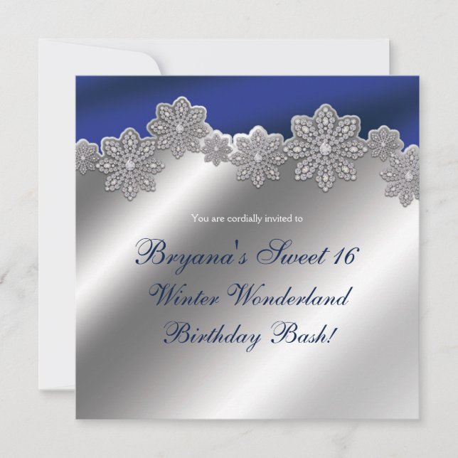 Silver & Blue Crystal Snowflake Winter Invitations (Front)