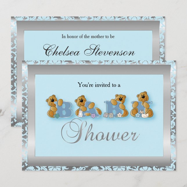Silver & Blue Damask Teddy Bears | Baby Shower Invitation (Front/Back)