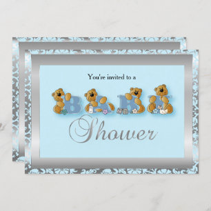 Silver & Blue Damask Teddy Bears Baby Shower Invitation