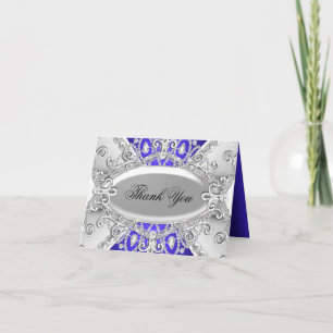 Silver & Blue Diamond Damask Thank You Card