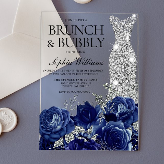 Silver Blue Dress Brunch & Bubbly Bridal Shower Acrylic Invitations (Creator Uploaded)
