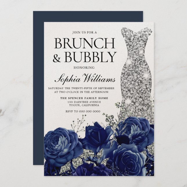 Silver Blue Dress Brunch & Bubbly Bridal Shower Invitation (Front/Back)