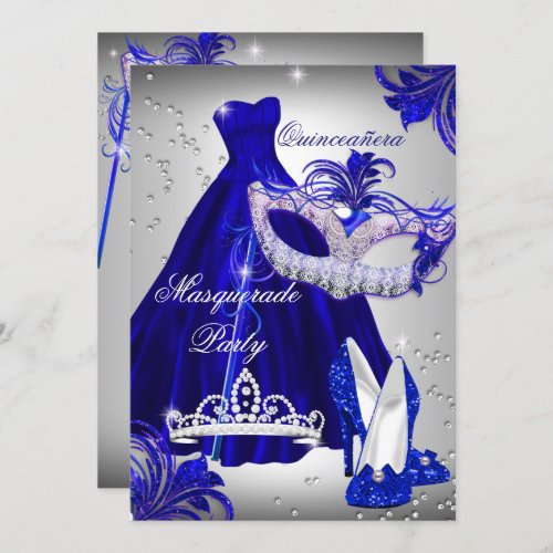 Silver  Blue Dress masquerade Quinceanera Invite