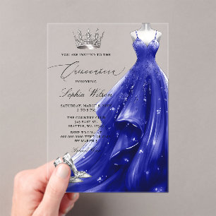 Silver Blue Dress Princess Quinceañera Acrylic Invitations