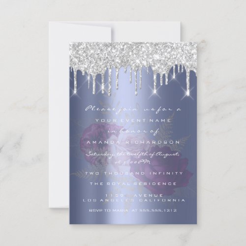 Silver Blue Drips Roses Wedding Bridal Sweet 16th Invitation