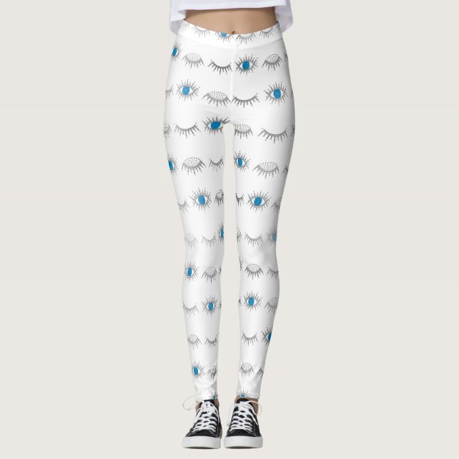 Silver Blue Evil Eye Eyelashes Nazar Mati Pattern  Leggings (Front)