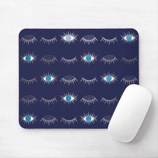 Silver Blue Evil Eye Eyelashes Nazar Mati Pattern Mouse Pad (With Mouse)