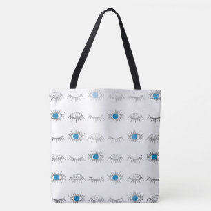 Silver Blue Evil Eye Eyelashes Nazar Mati Pattern Tote Bag