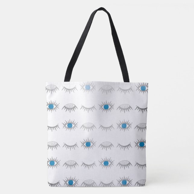 Silver Blue Evil Eye Eyelashes Nazar Mati Pattern  Tote Bag (Front)