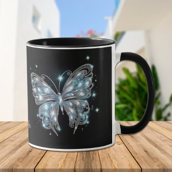 Silver Blue Fantasy Butterfly On Black Mug by AvenueCentral at Zazzle