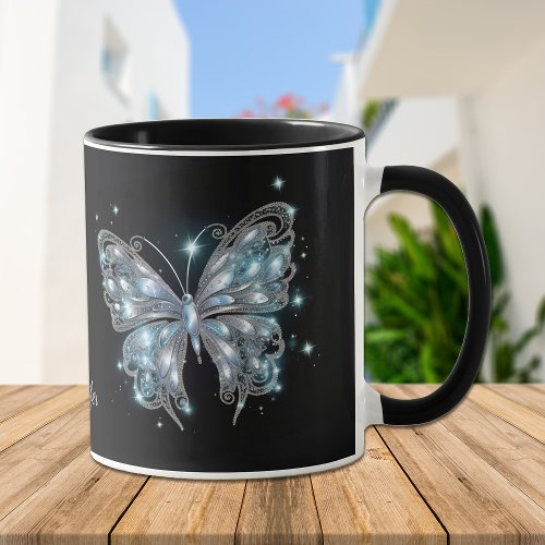 Silver Blue Fantasy Butterfly on Black Mug