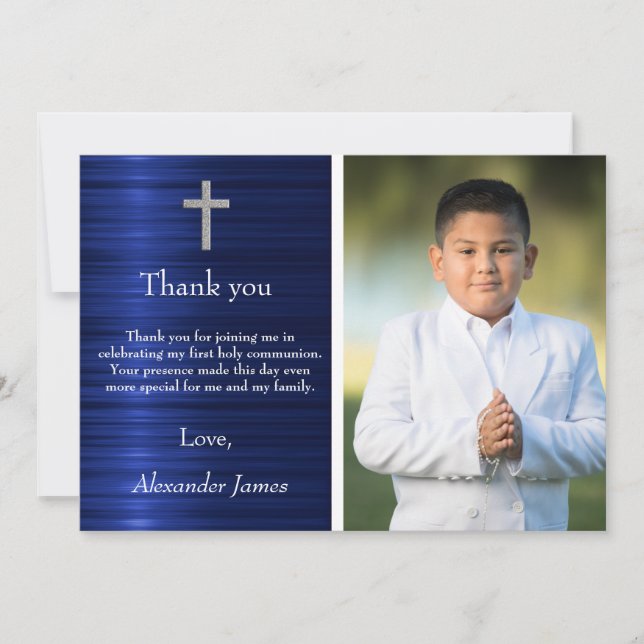 Silver Blue First Holy Communion Boy Thank You (Front)