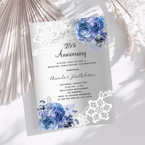 Silver blue floral 25th wedding anniversary luxury invitation